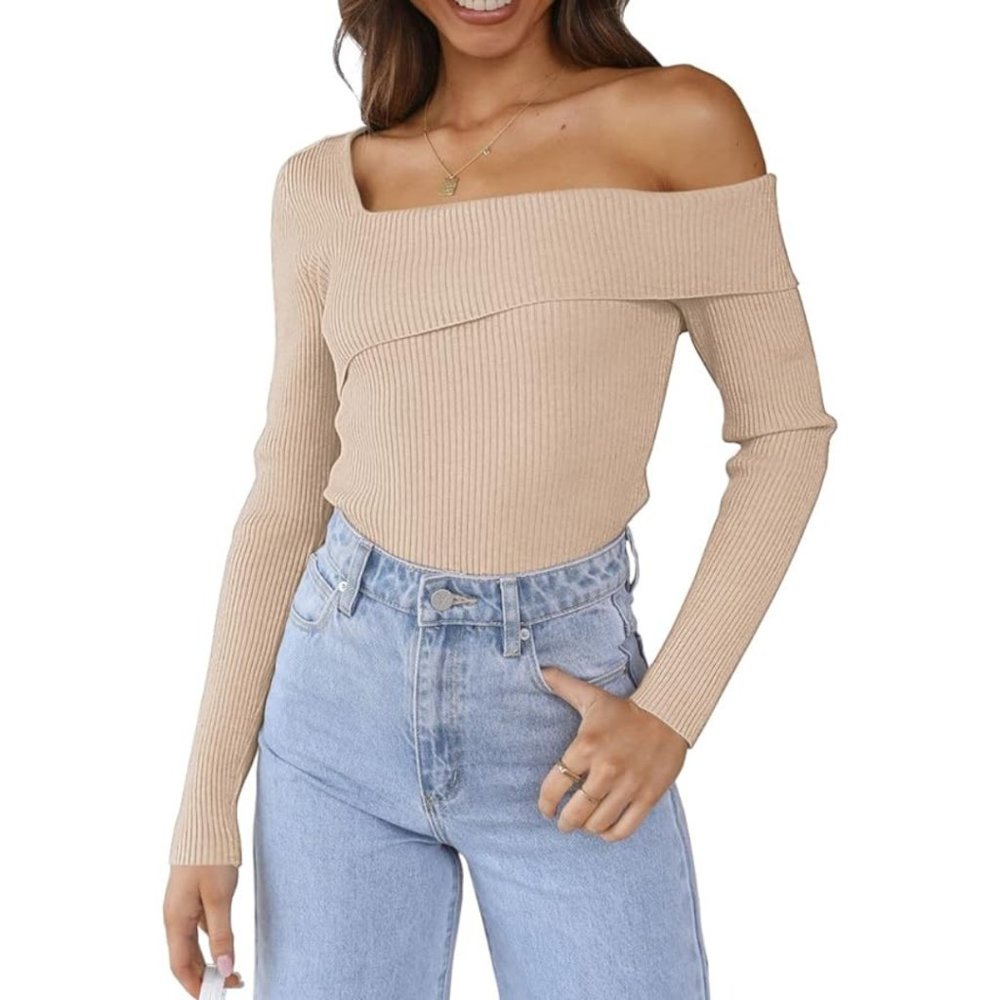 Womens Off Shoulder Long Sleeve Knitted Lightweight Top